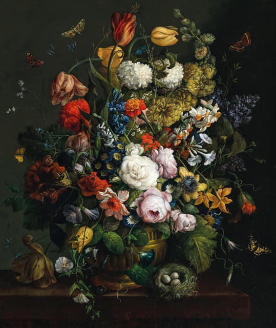 Johann Baptist Drechsler - Tulips, daffodils, roses and other flowers in a vase on a stone ledge with butterflies and a bird’s nest