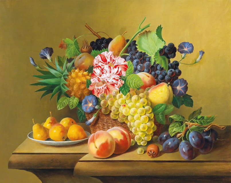 Johann Georg Seitz - Stillleben mit Früchtekorb und einem Teller mit Birnen