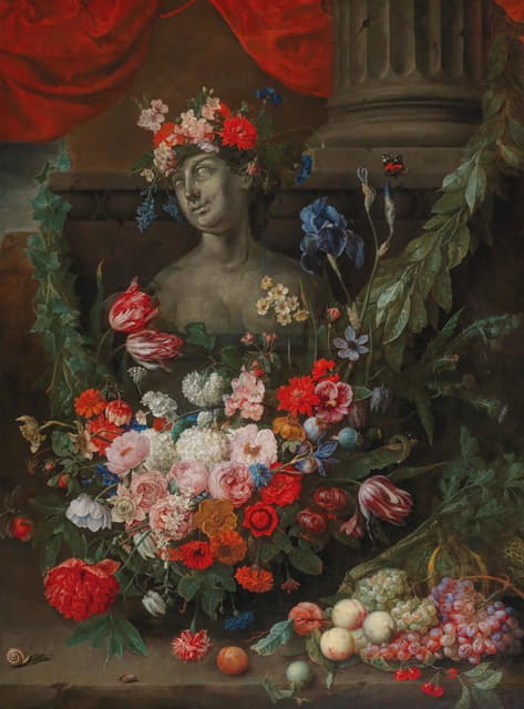 Joris van Son - Fruit and flowers surrounding a stone bust of the Goddess Flora