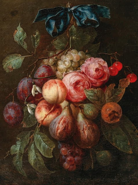 Joris van Son - Fruit and flowers hanging from a ribbon