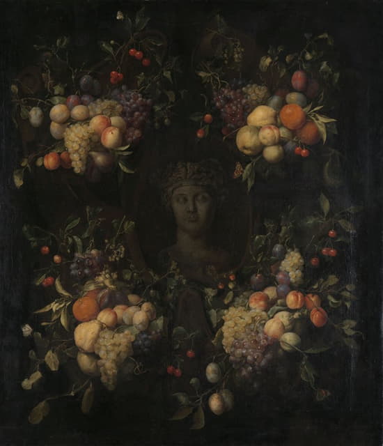 Joris van Son - Simulated Sculpted Head of a Woman in a Cartouche Decorated with Swags of Fruit