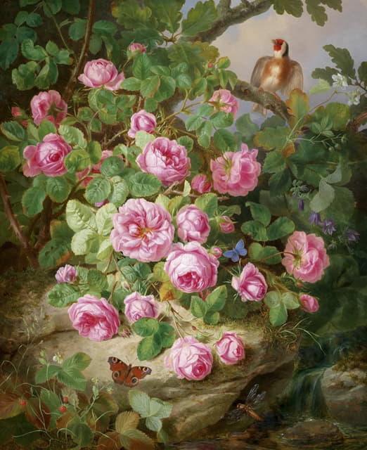 Josef Lauer - Großes Rosenstillleben mit Schmetterlingen und Vogel