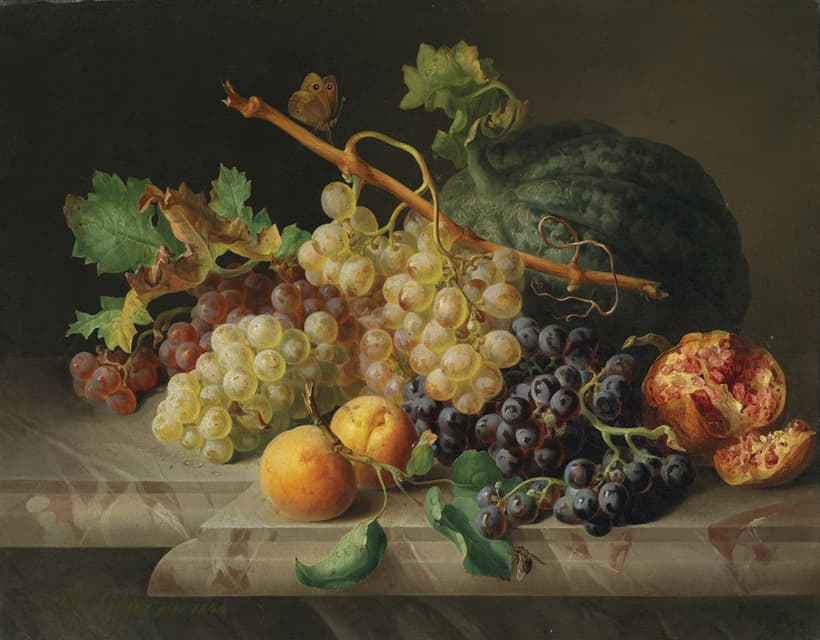 石榴、葡萄和瓜类的静物画