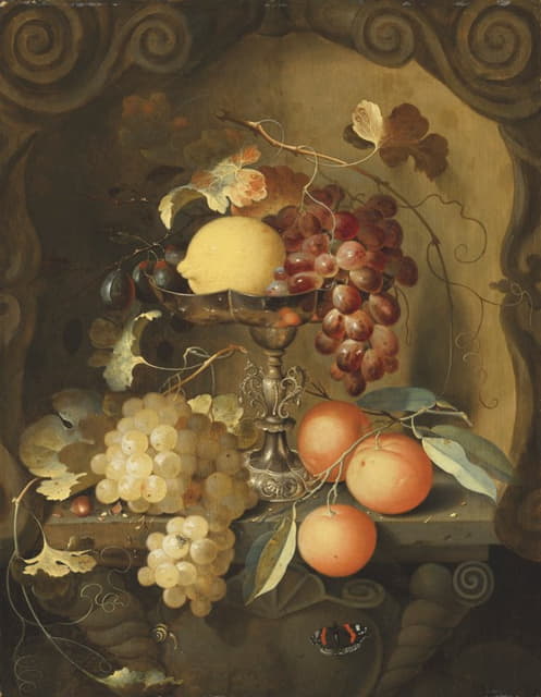 Laurens Craen - Grapes and a lemon on a tazza, with oranges on a ledge in a sculpted stone niche