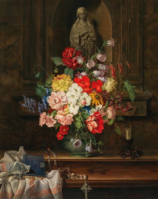 圣母坐在壁龛里，摆着一束华丽的鲜花