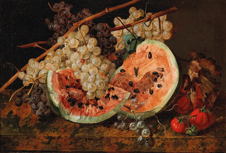 Leopold Zinnögger - Still Life with Watermelon and Grapes