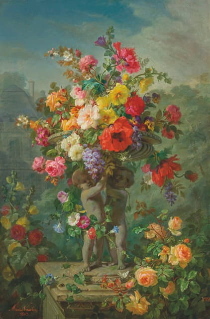 Marius Vasselon - Roses, Poppies, Hollyhocks, Pansies and Wisteria in a stone urn supported by putti on a plinth