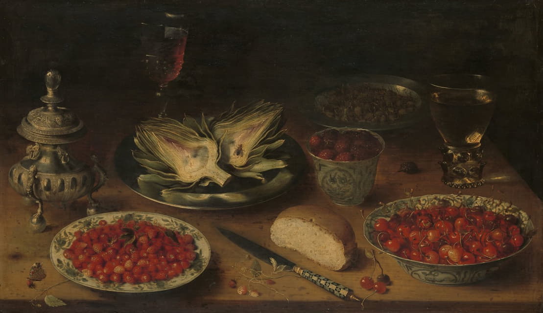 洋蓟、克拉克瓷器水果、盐窖和胡椒蓖麻的静物画