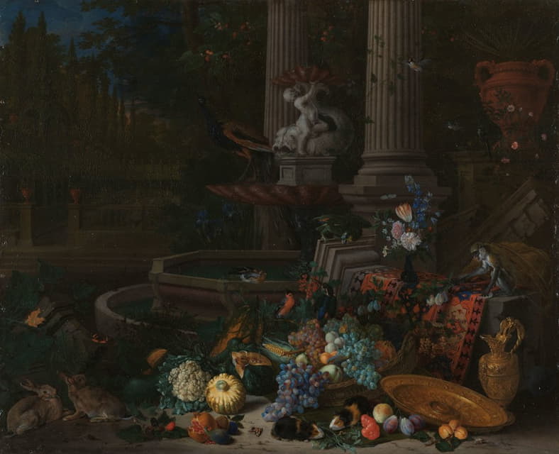 静物画，在装饰性喷泉旁的悬垂、翻倒的底座前摆放蔬菜
