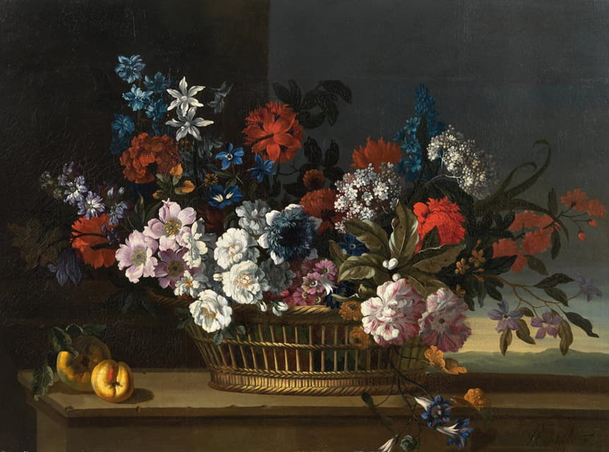 Pieter Casteels III - Mixed flowers in a basket beside peaches on a table, a landscape beyond