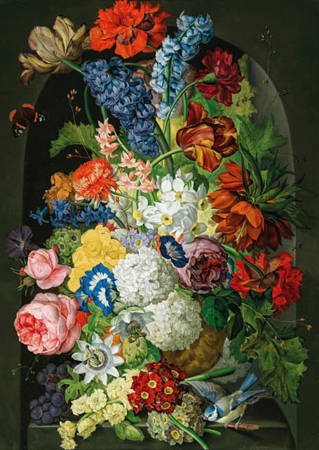 Sebastian Wegmayr - Blumenstück mit Schmetterling und Blaumeise