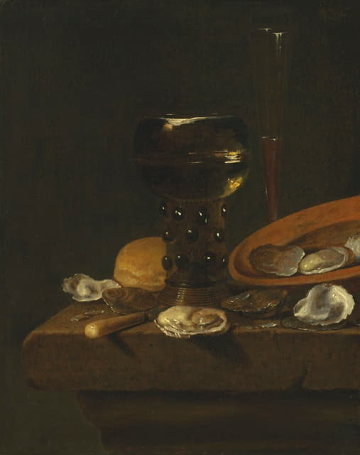 在威尼斯的法隆酒杯里放着修剪过的甜葡萄酒和红葡萄酒，在翻倒的盘子里放着牡蛎，在窗台上放着面包