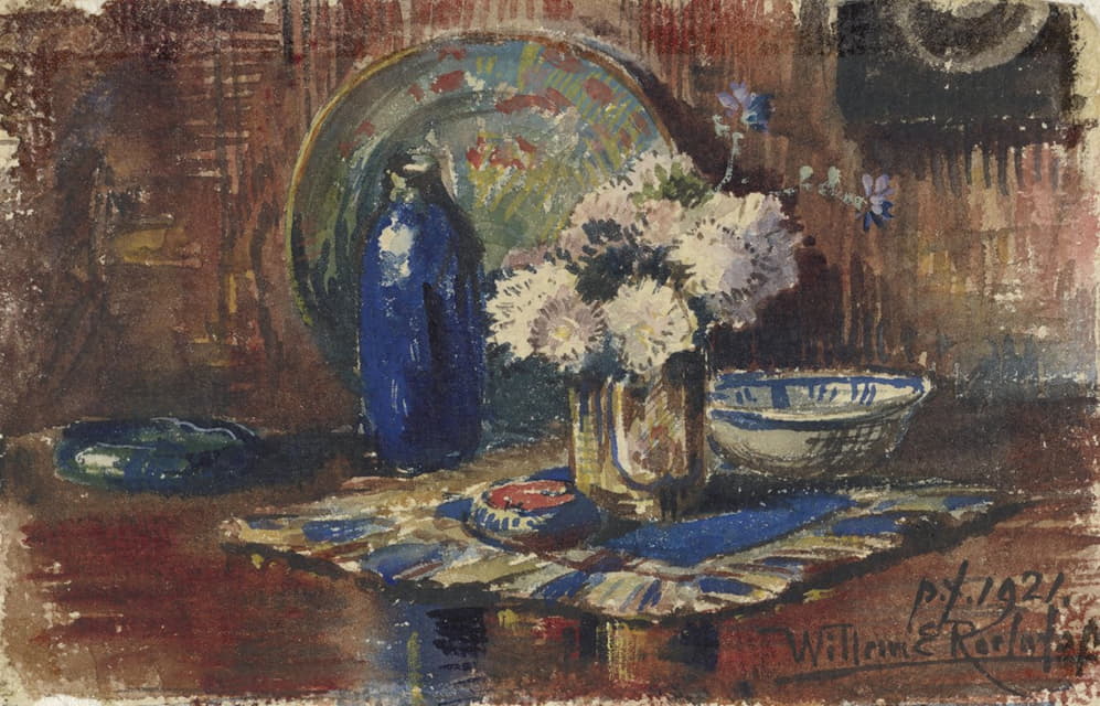 Willem Roelofs II - Stilleven met blauwe fles en vaas met bloemen