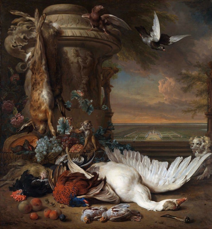 Jan Weenix - Hunting and Fruit Still Life next to a Garden Vase, with a Monkey, Dog and two Doves