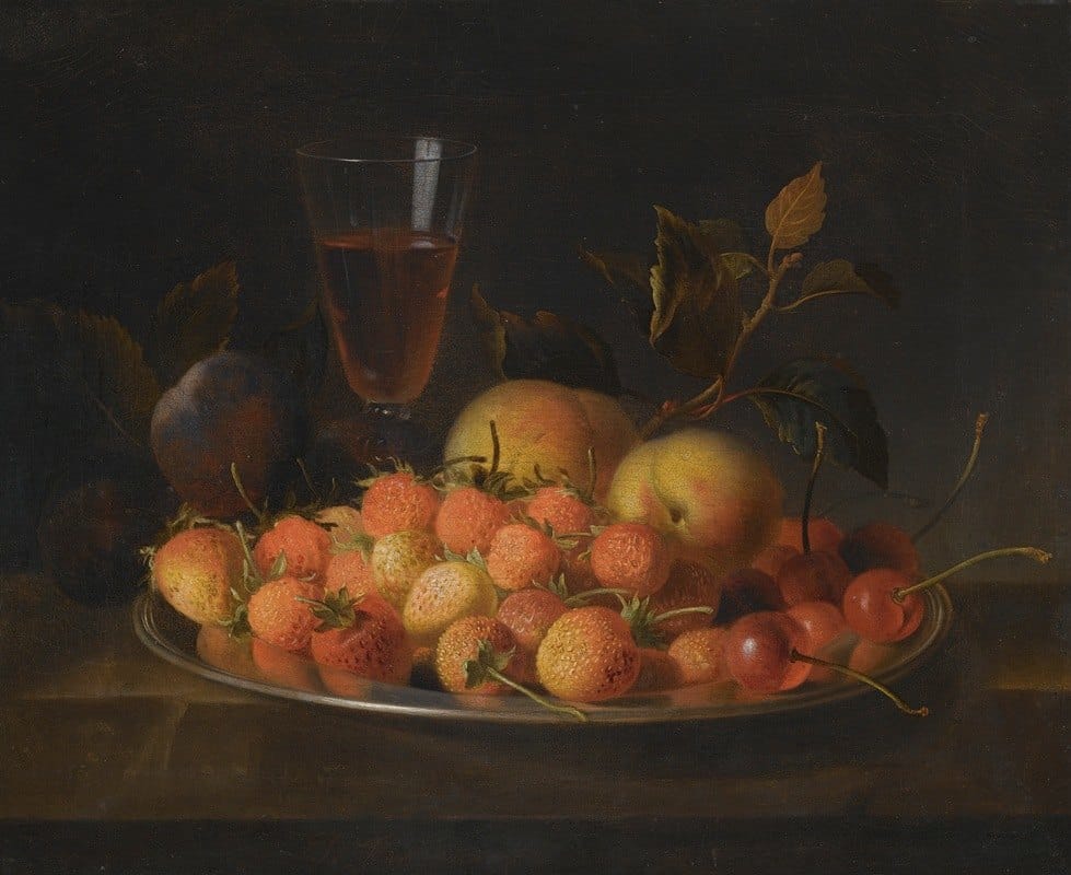 Jakob Bogdány - Still Life Of Strawberries, Cherries And Peaches On A Silver Dish