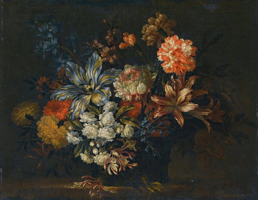 Jean-Baptiste Monnoyer - A Still Life Of Lillies, Honeysuckle And Other Flowers In A Vase On A Ledge
