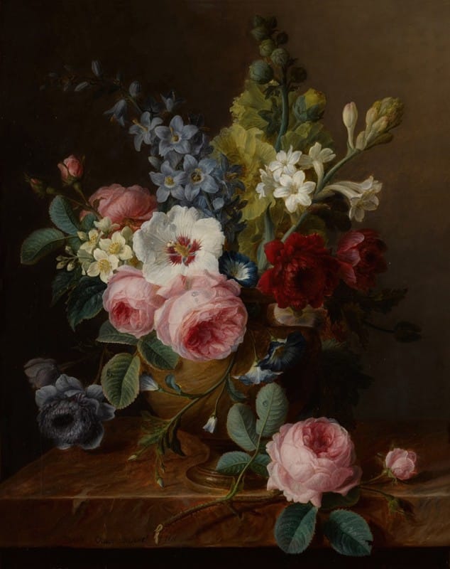 Cornelis van Spaendonck - Still life of flowers in a vase on a marble ledge, including roses, hibiscus, bellflowers, hollyhocks, and anenomes