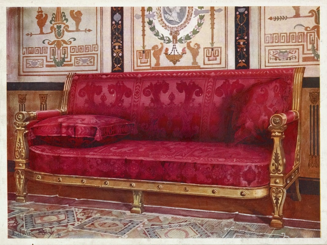 Edwin Foley - Carved gilt couch covered in rose brocade de Lyons