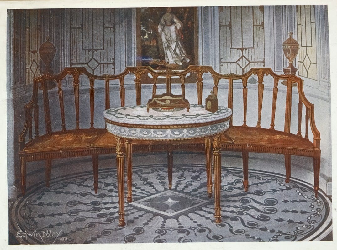 Edwin Foley - Carved satinwood barback settee, Painted and gilt table
