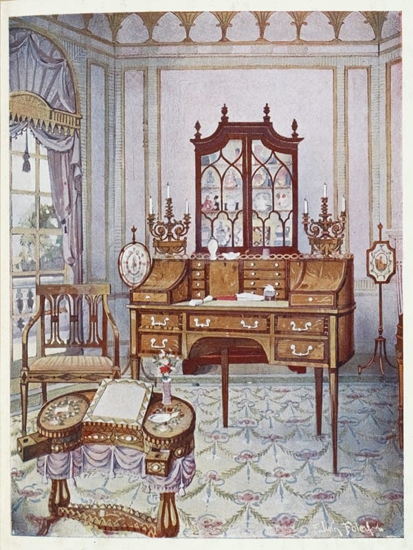 Edwin Foley - Inlaid mahogany cylinder-fall china and book case, D-shaped satinwood drawing and writing table