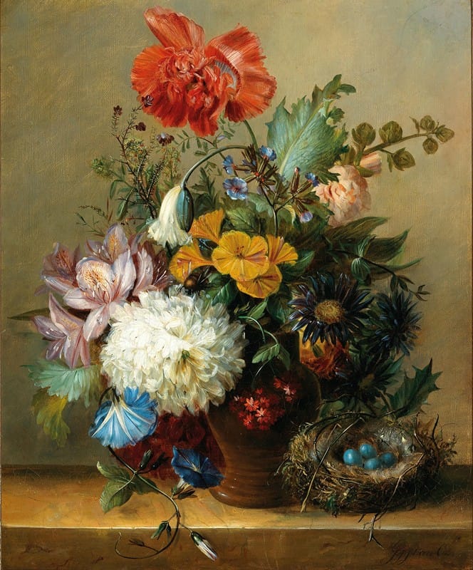 Georgius Johannes Jacobus van Os - Still Life with Flowers and a Bird’s Nest