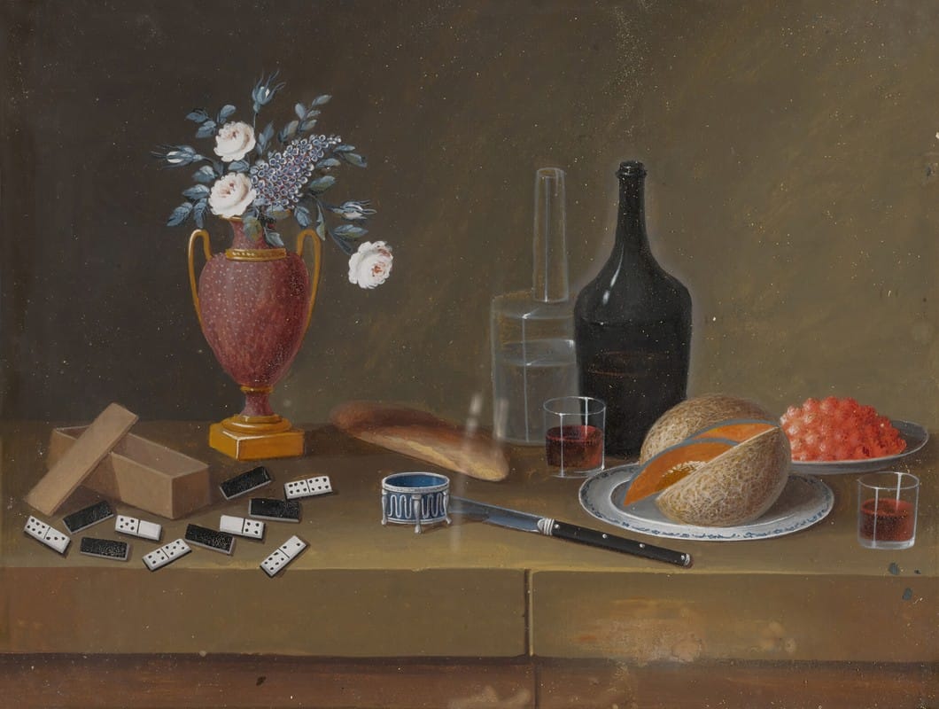 Johann Rudolff Feyerabend - Still Life Of Dominos, A Vase Of Flowers, Bottles, Fruit And Other Objects
