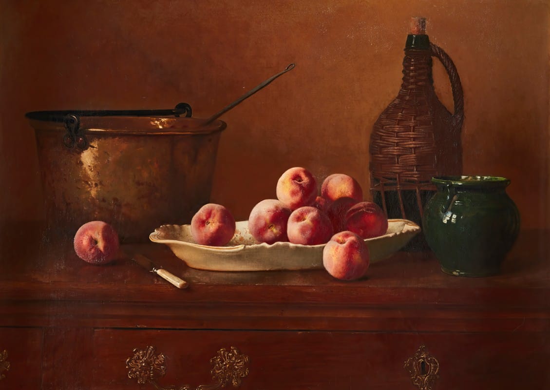 Milne Ramsey - Still Life with Peaches, Brass Pot, Green Jug and Wine Bottle on Commode Top