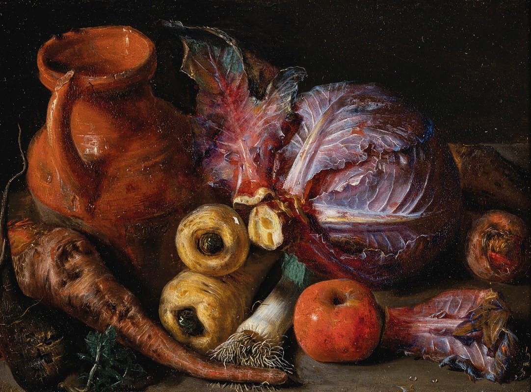 Pieter Snyers - A jug, a cabbage and carrots on a ledge