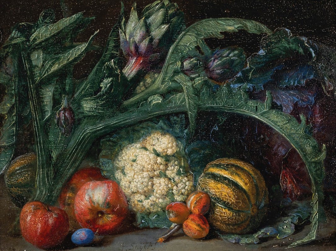 Pieter Snyers - Artichokes, apples and melons on a ledge