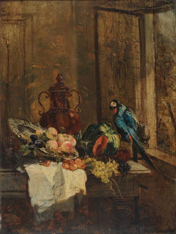 Philippe Rousseau - Nature morte et perroquet près d’une fenêtre ouverte