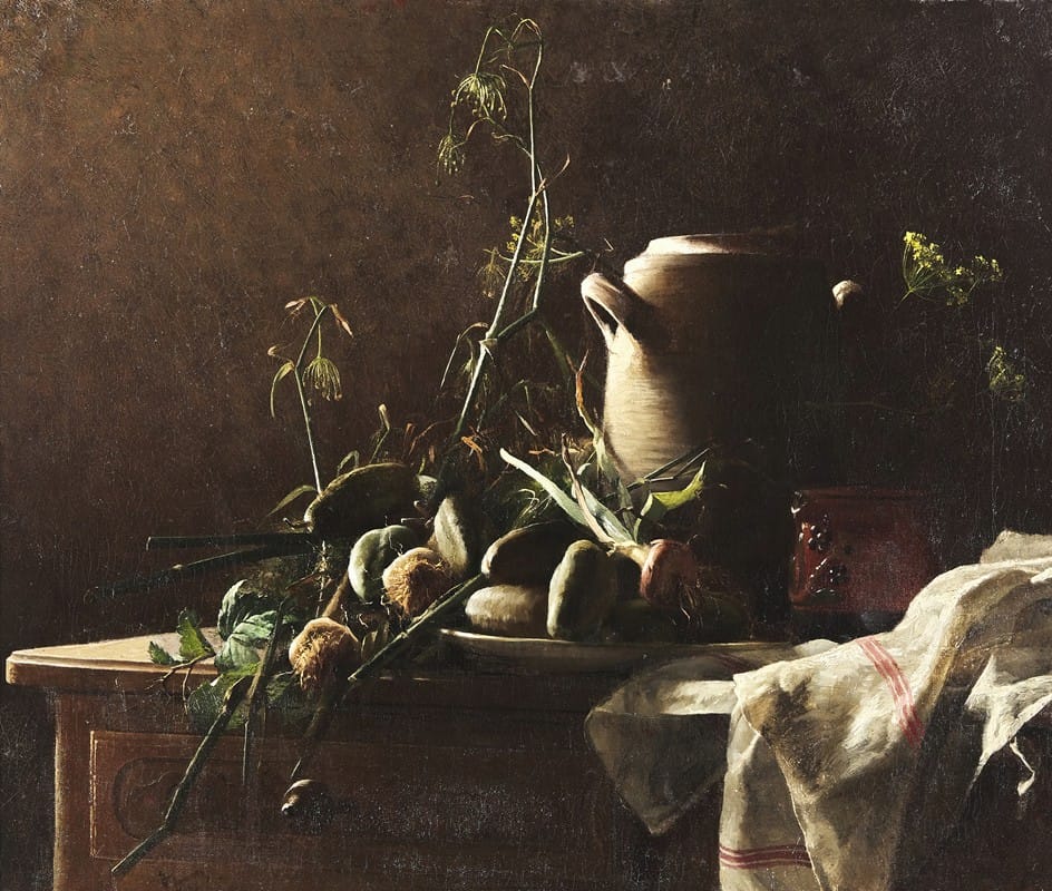 Robert Wylie - Still Life with Leeks, Potatoes and Fennel on Commode Tabletop