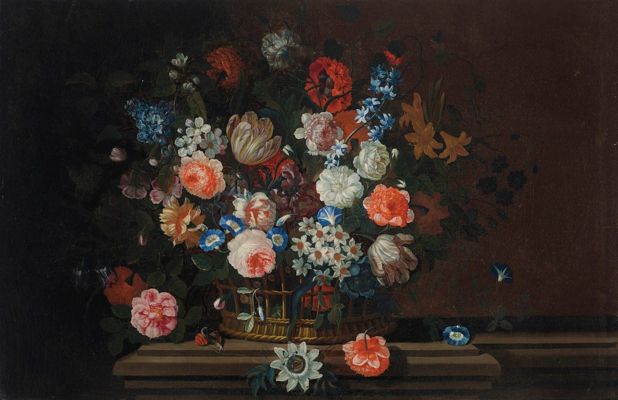 Simon Hardimé - Flowers in a wicker basket on a stone ledge