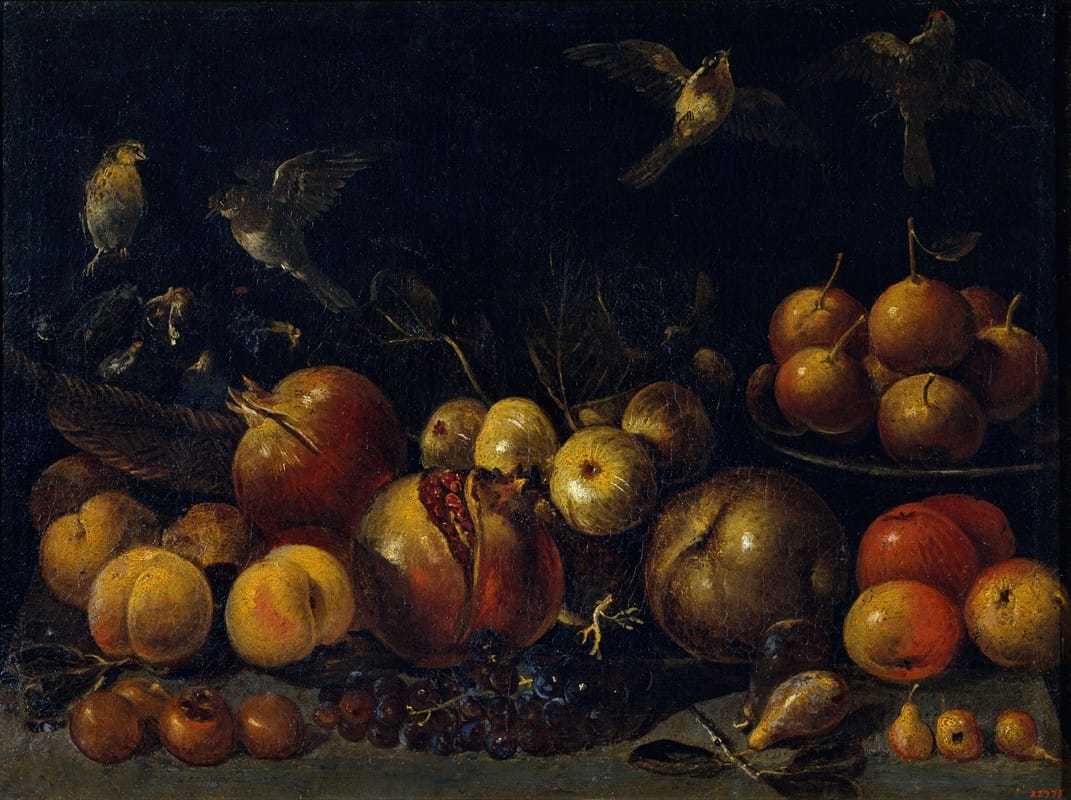 Tommaso Realfonso - Still Life with Pomegranates, Apples, Pears, Grapes, Figs and Birds
