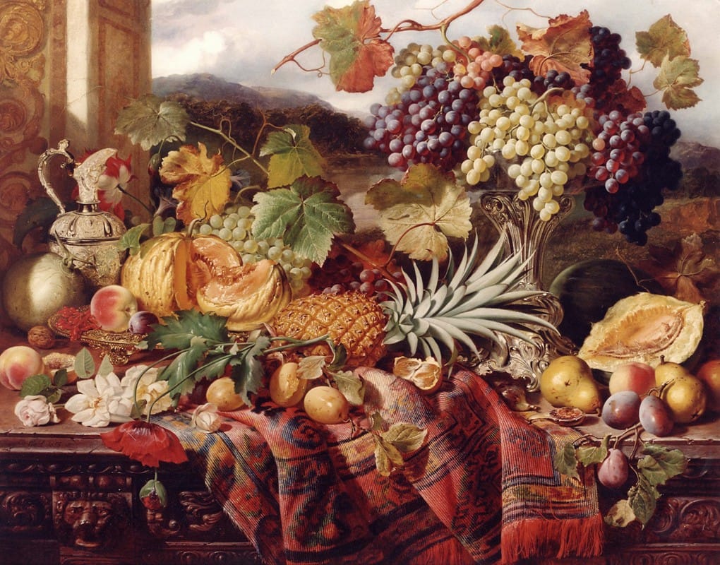 William Duffield - Still Life with Mixed Fruit & a Rug with Landscape Beyond