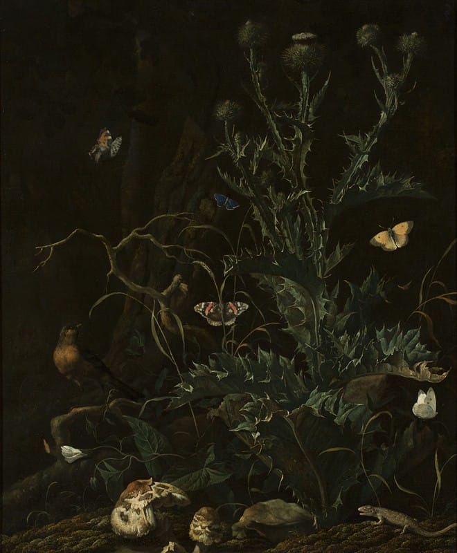 Abraham Begeyn - Thistles, butterflies and a lizard