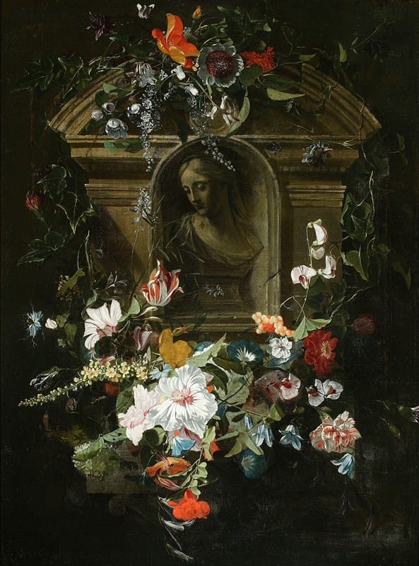 Daniel Seghers - Bust of a woman in a circle of flowers