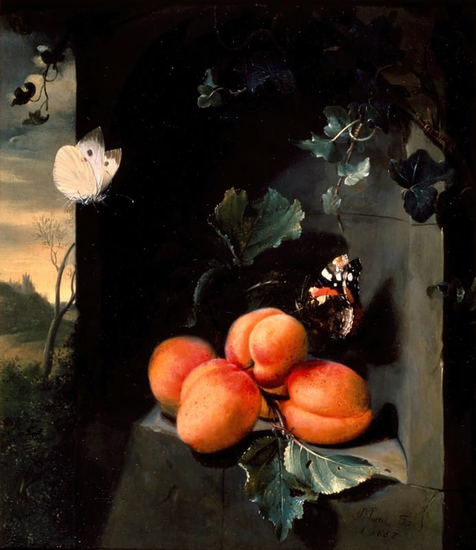 Jan Mortel - Still Life with Apricotes and Butterflies