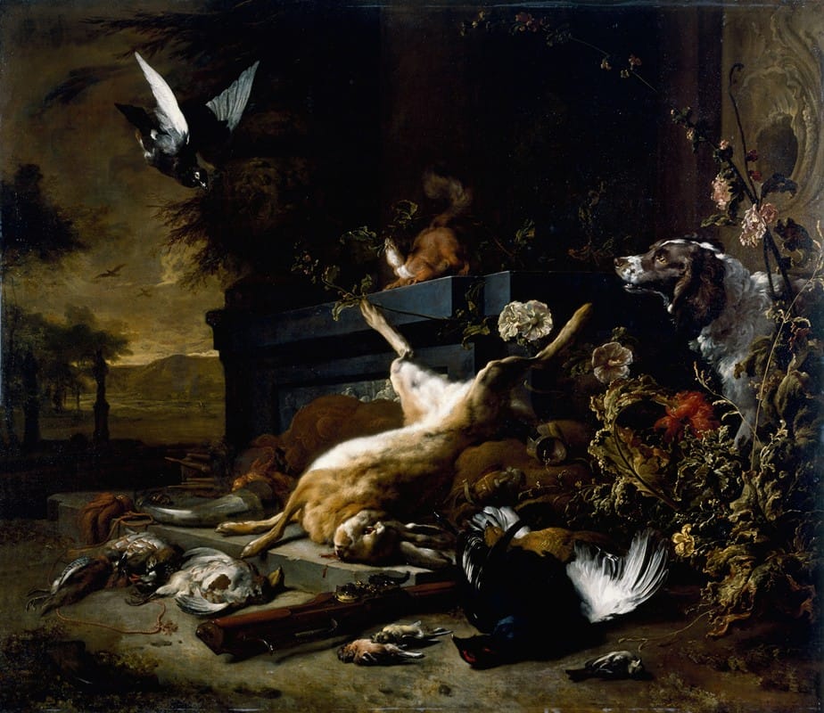 Jan Weenix - Still Life of Game including a Hare, Black Grouse and Partridge, a Spaniel looking on with a Pigeon in Flight