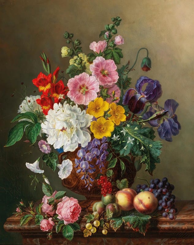 Marie-Euphrosine Jacquet - A Large Bouquet of Flowers with Peaches and Grapes