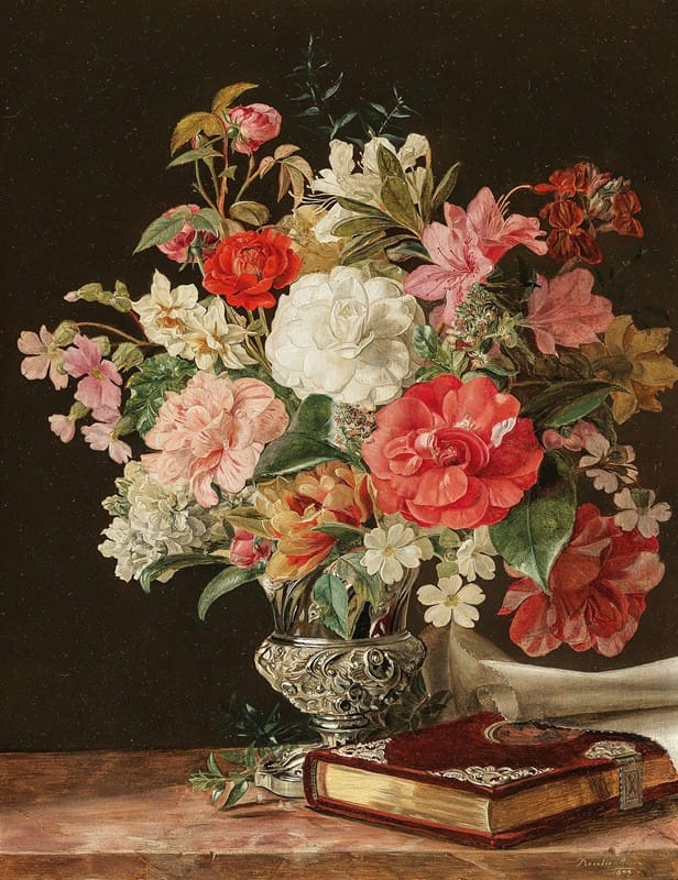 Rosalia Amon - A Bouquet of Flowers with Camellias in a Silver Vase