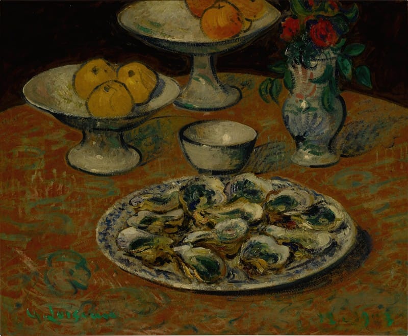Gustave Loiseau - Nature morte, huîtres, fruits et fleurs