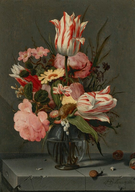 Hans Bollongier - Flowers in a glass vase on a ledge
