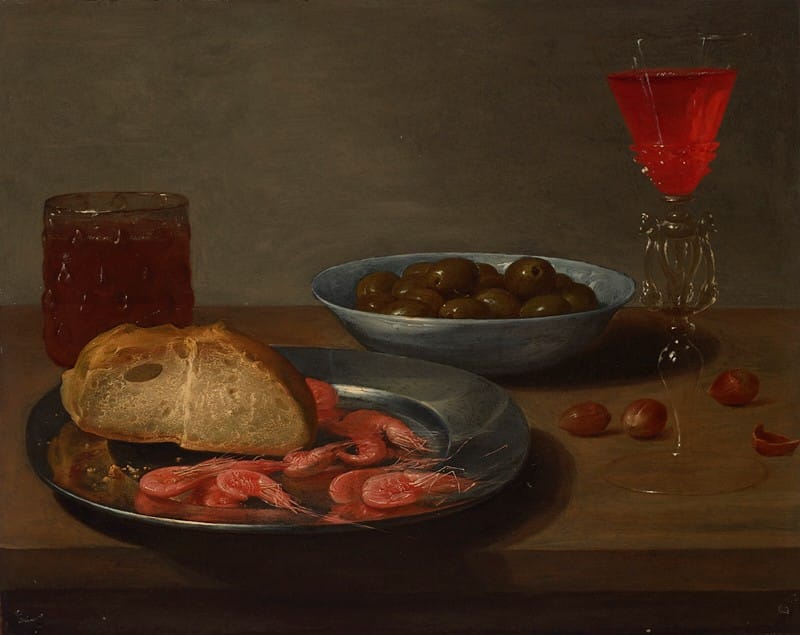 Jacob van Es - A plate with prawns and a roll, a bowl with olives, a façon de Venise, a glass of beer and almonds on a table