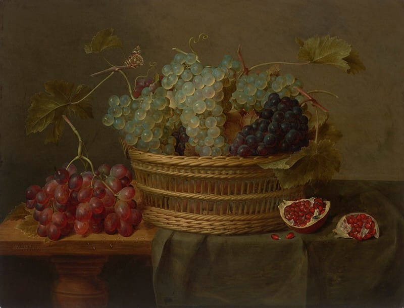 Jacob van Hulsdonck - A basket of grapes and a pomegranate on a table