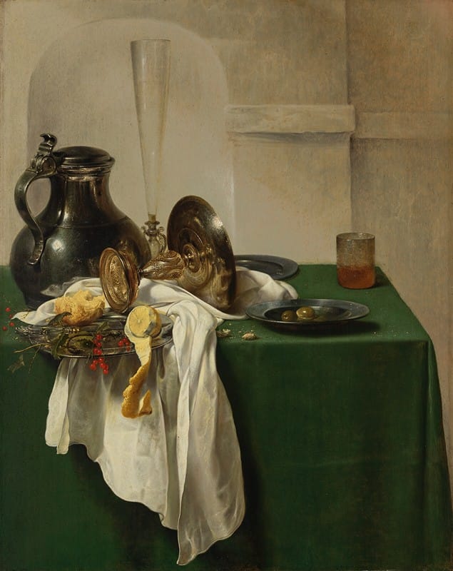 Jan Jansz. den Uyl - Pewter jug and silver tazza on a table