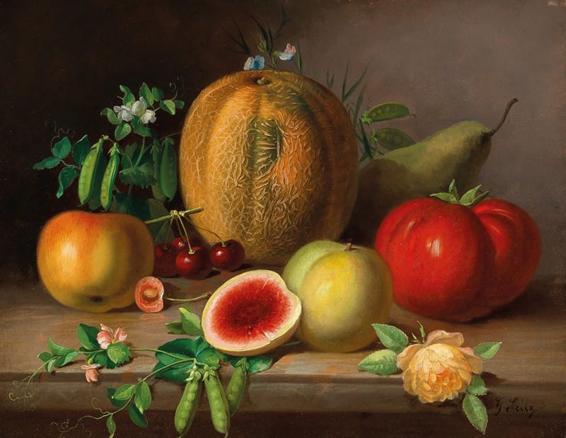 Johann Georg Seitz - A Kitchen Still Life with Melon, Tomato, Apples, Pears and Flowering Pea Pods,