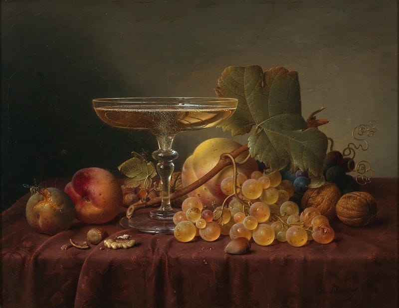 Johann Wilhelm Preyer - Still Life with Champagne Glass and Fruit on a Damask Cloth