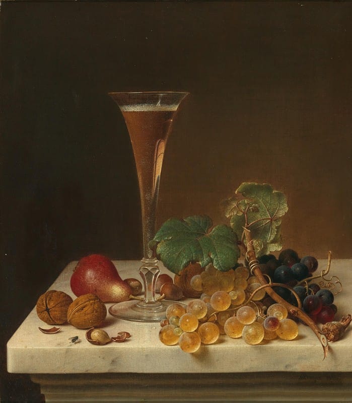 Johann Wilhelm Preyer - Still Life with Tall Champagne Glass on a Marble Top