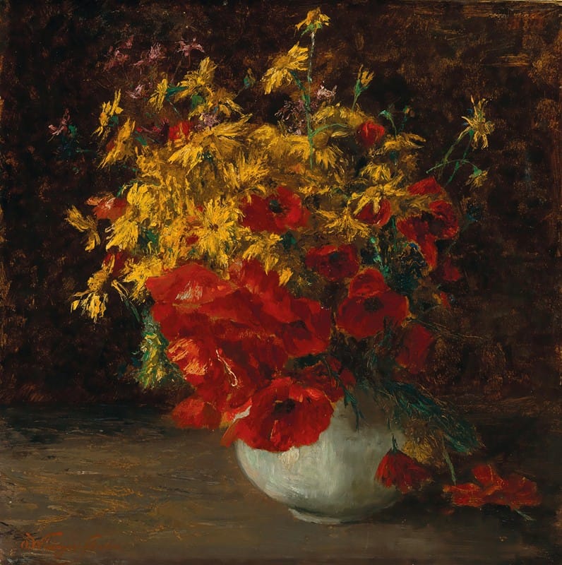 Olga Wisinger-Florian - Bouquet of Forest Flowers, Poppies and Yellow Daisies in a vase