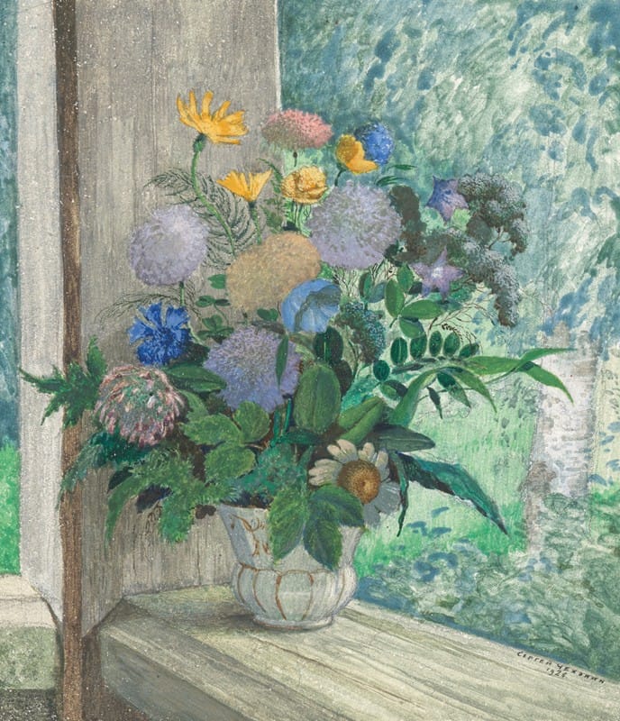 Sergei Chekhonin - Still life with chrysanthemums, bellflowers, cornflowers and daisies in a white vase